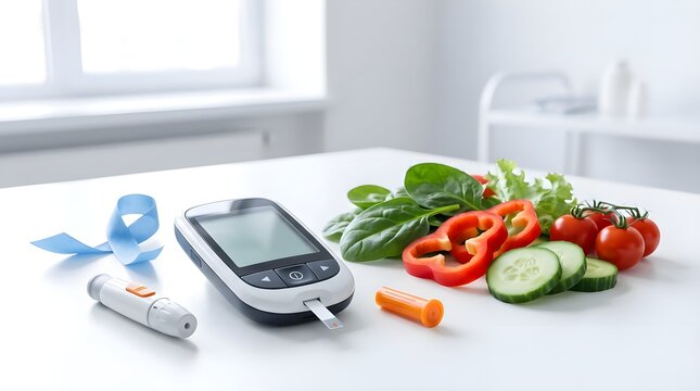 Blood glucose meter and diabetes testing supplies surrounded by fresh vegetables and healthy foods, representing diabetes management, blood sugar monitoring, nutrition, wellness, and healthy lifestyle