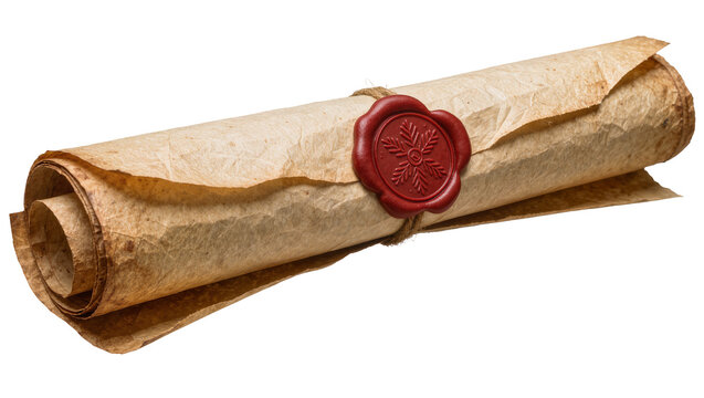Rolled parchment scroll tied with twine and sealed with red wax, isolated on transparent background