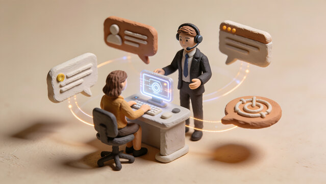 3D Clay Claymation AI Online Helpdesk Working on Computer with Live Chat Automation Bubbles, Call Center Agent, Technical Support, CRM Customer Care, and Service Concept
