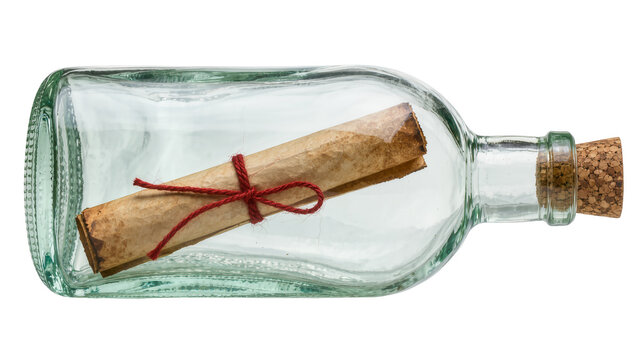 Rolled parchment message tied with red string inside a clear glass bottle, isolated on transparent background
