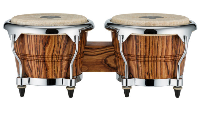 Pair of wooden bongo drums with polished chrome hardware, isolated on transparent background