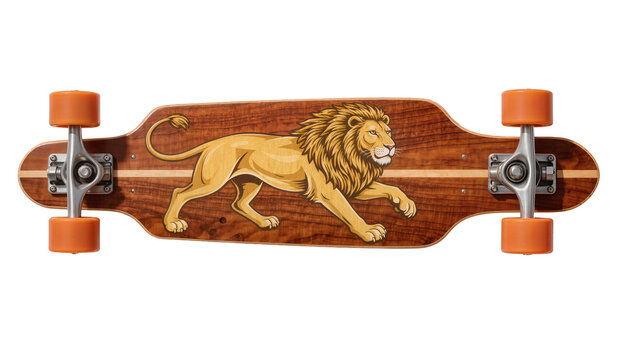 Wooden longboard skateboard with roaring lion graphic, isolated on transparent background