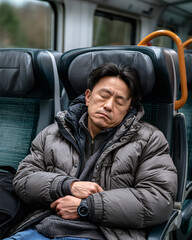 Fototapeta premium Commuter Nap A man sleeps soundly on a train, his head resting gently as he commutes through the day. A moment of quiet repose amidst the journey