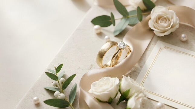 Elegant gold wedding rings with diamond solitaire on champagne satin ribbon featuring white roses, pearls, and blank invitation card on stone