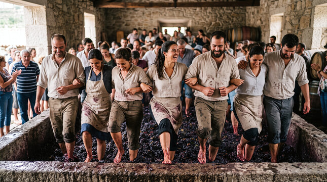 Smiling people traditionally treading grapes in stone lagar for port wine
