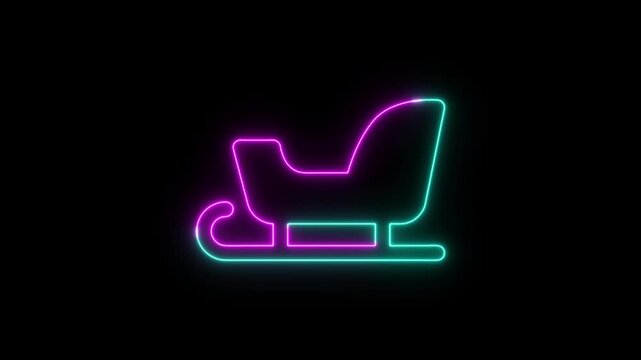 Neon glowing christmas sleigh icon with pink and blue light lines on a black background