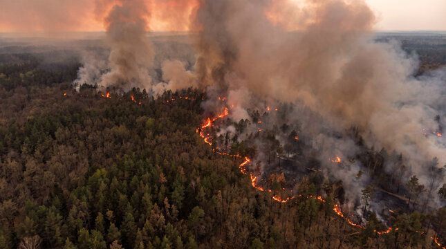Aerial view of a massive wildfire spreading across a dense coniferous forest with thick plumes of dark smoke rising into the hazy sky, showcasing environmental destruction and climate change.