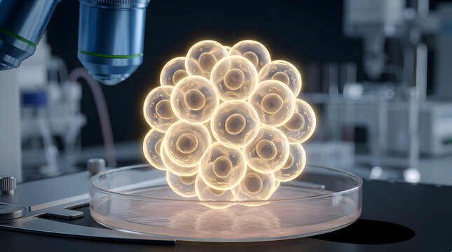 Glowing biological cells floating over petri dish in laboratory