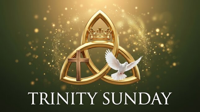 Trinity Sunday graphic featuring a golden crown, cross, and dove symbol on a green and gold background.