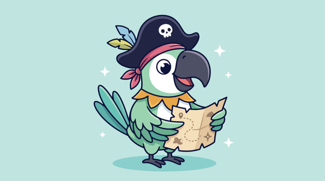 Adorable cartoon pirate parrot character wearing a black tricorn hat with a skull and holding an old treasure map.