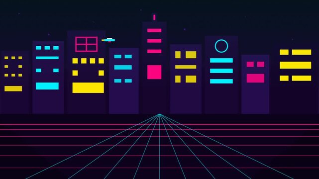 Neon City Skyline At Night With Futuristic Grid.