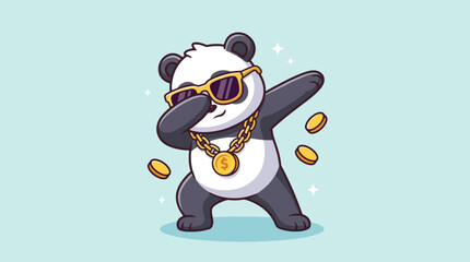 Cool cartoon panda dabbing with gold sunglasses chain and floating coins. © Caroline Studio