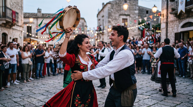 Italian couple dancing traditional tarantella with tambourine at town festival