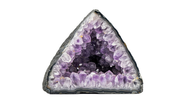 Triangular amethyst geode with deep purple quartz crystals and natural grey rock exterior isolated on a transparent background
