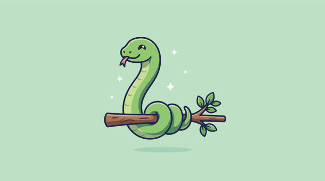 Cute cartoon green snake coiling around a wooden tree branch illustration.