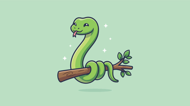 Cute cartoon green snake wrapped around a tree branch vector illustration.