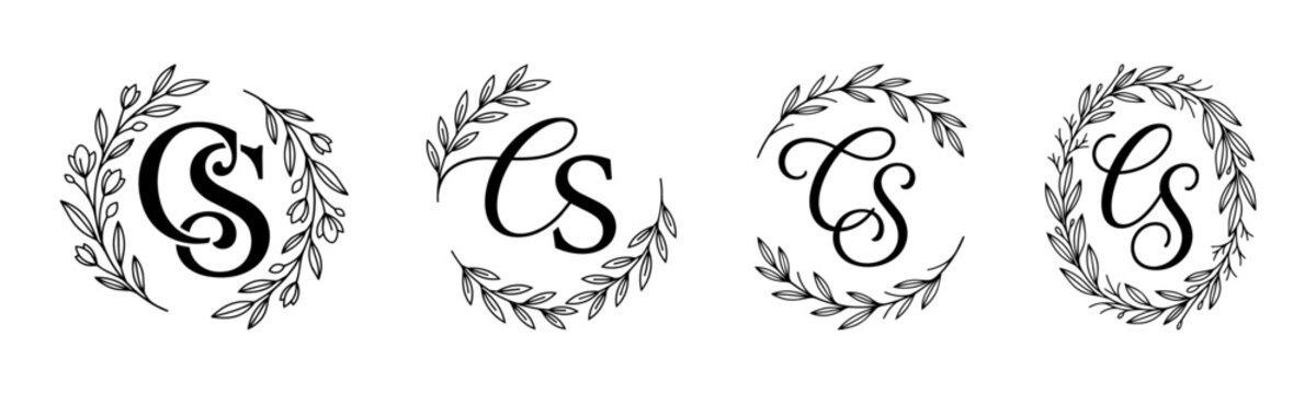 Set of floral monogram CS logo designs with elegant botanical laurel wreaths and circular branch frames