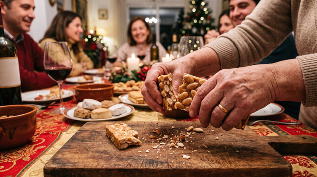 Hands breaking traditional hard almond turron during Spanish Christmas dinner