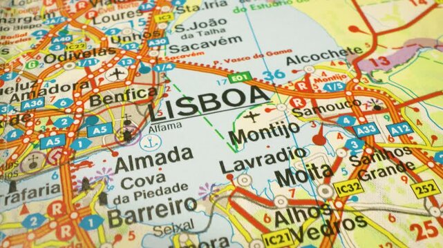 road network leading to lisbon, portugal, gliding view over atlas