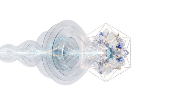 Futuristic quantum processor concept, abstract glass crystalline core with energy waves, high-tech scientific data visualization on white