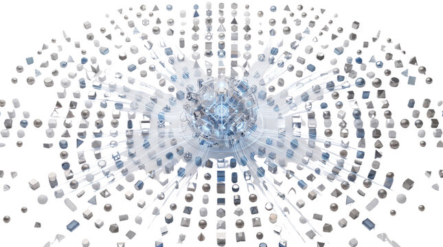 Futuristic digital data sphere, abstract blue technology network concept, global connectivity and big data visualization on white background