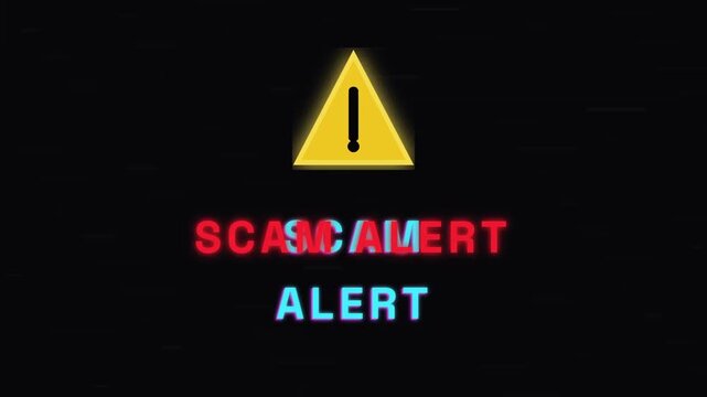 Three warning icons with scam alert text appearing on black background