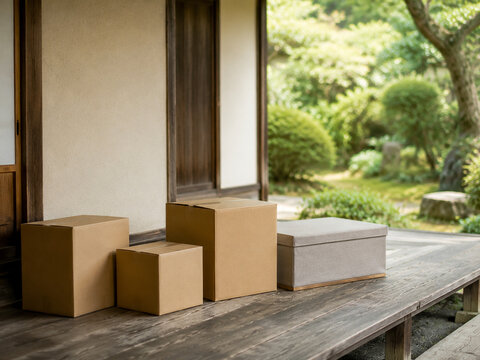 Cardboard boxes and a chest on a Japanese wooden deck.