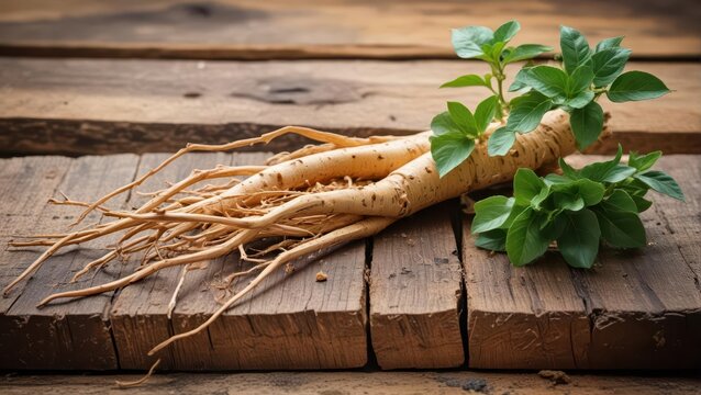 Ancient Panax ginseng root on weathered wooden log