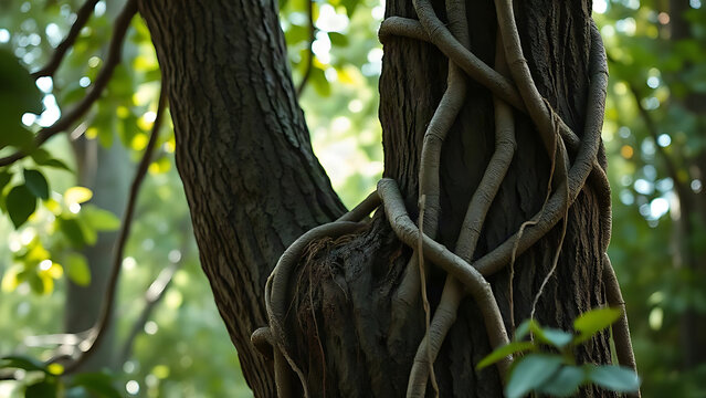Ancient tree trunk tightly bound by thick, coiling vines in a forest.