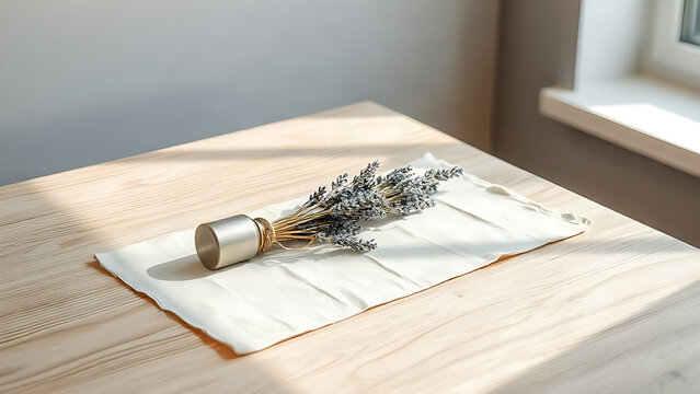 Silver cylinder vase and dried lavender on cream linen cloth on light oak table, minimalist home decor concept