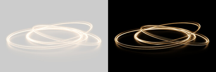 Glowing golden light trail rings on transparent and black background. Swirling circular neon light effect with sparkles. Abstract magic motion vector design © ALEXA