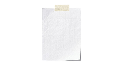 Crinkled white paper note held by beige tape, isolated on transparent background