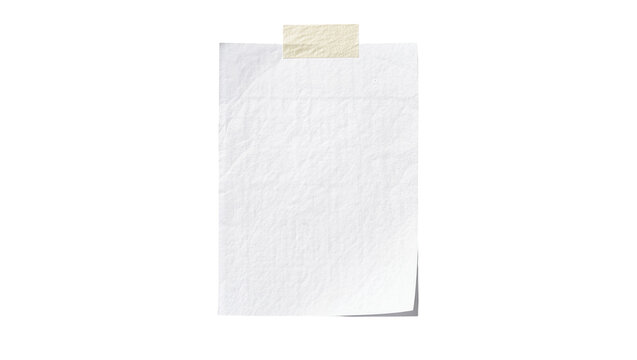 Crinkled white paper note held by beige tape, isolated on transparent background