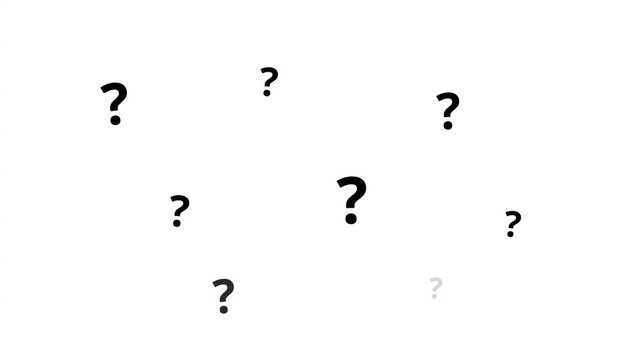 Multiple question marks floating on a plain white background