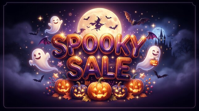 Spooky sale promotional banner with ghosts pumpkins and a full moon for halloween marketing