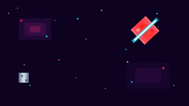 Animated Space Scene With Neon Satellites And Boxes.