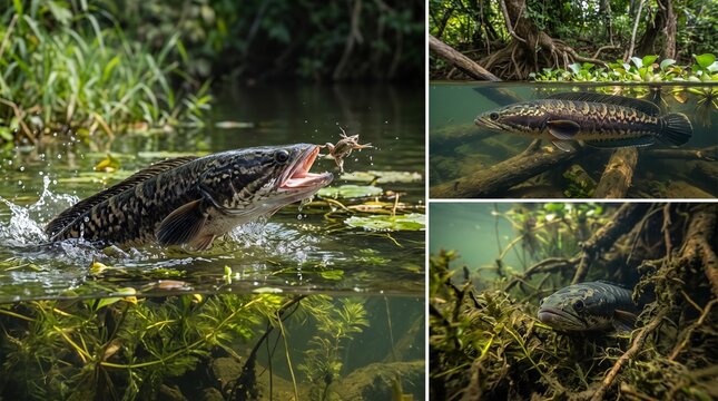 Giant snakehead fish hunting prey jumping water surface collage set underwater wildlife