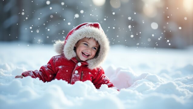 Happy Child in Red Snowsuit Playing in Deep Snowdrift