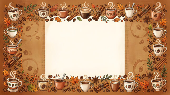Rustic coffee frame with steaming mugs and autumn leaves, vintage cafe border on brown textured background, cozy beverage menu template with copy space