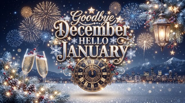 Festive new year celebration background with champagne glasses and fireworks in the night sky
