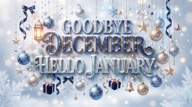 Goodbye december hello january festive greeting card with hanging silver and gold christmas ornaments