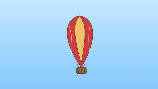 Three red and yellow hot air balloons floating across a blue sky