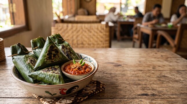 Pengkang, grilled glutinous rice in banana leaves with chili sambal on rustic Indonesian restaurant table