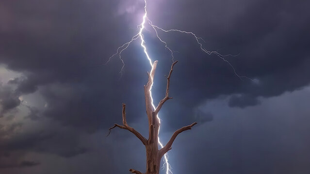 A solitary dead tree struck by lightning during a storm.