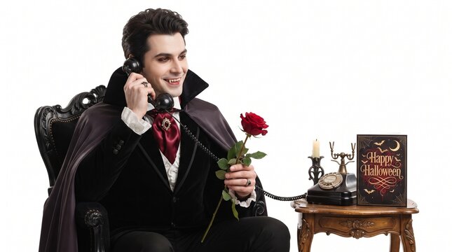 Elegant vampire man sitting in a vintage chair holding a red rose and telephone