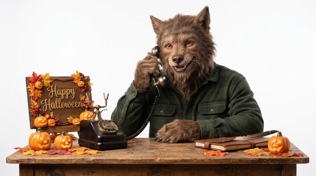 A werewolf in a button up shirt talking on a vintage telephone at a desk