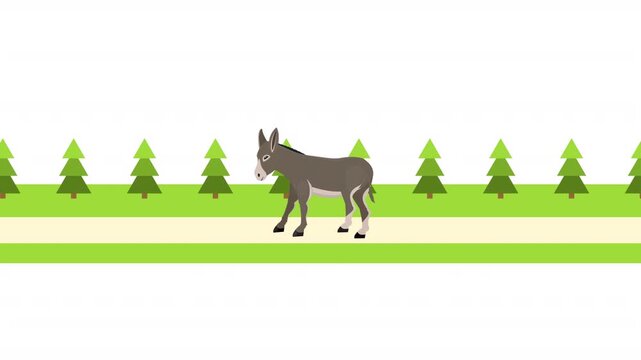 A donkey walking along a rural road in the forest. Animal donkey animation, alpha channel. Cartoon