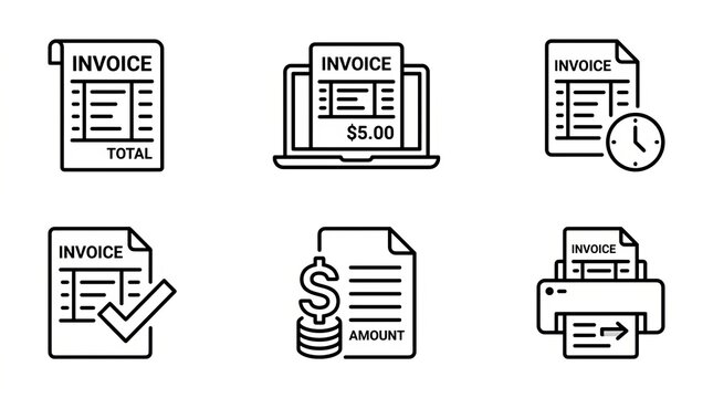 Collection of icons representing business document and financial processes.