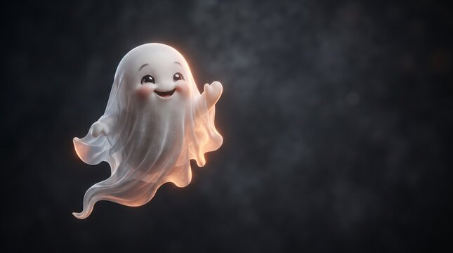 A cute little friendly ghost character floating in a dark mysterious misty background