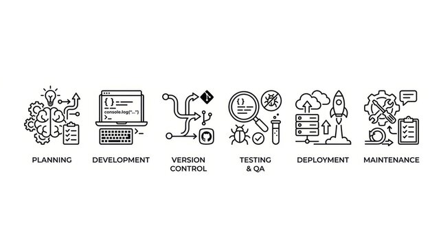 Illustrated stages of software development lifecycle process icons.